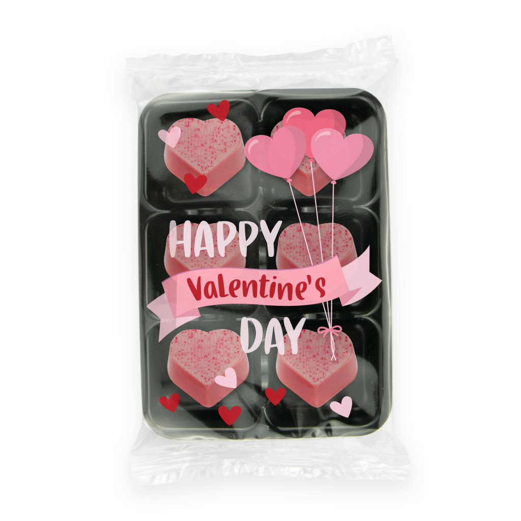 Flow Wrapped Tray with Raspberry Heart Truffles Black and White London