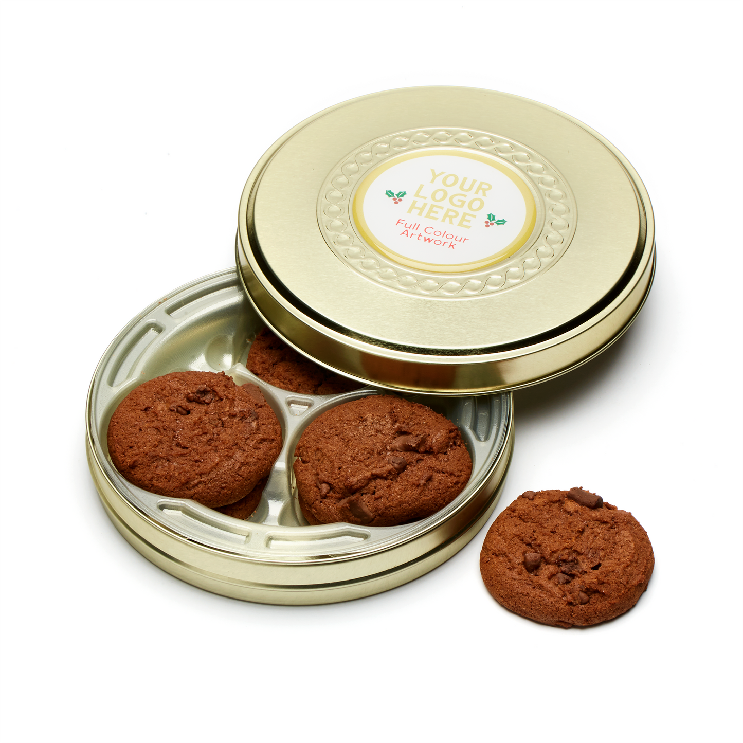 Winter Collection - Shallow Gold Treat Tin - Belgian Chocolate Cookies Black and White London