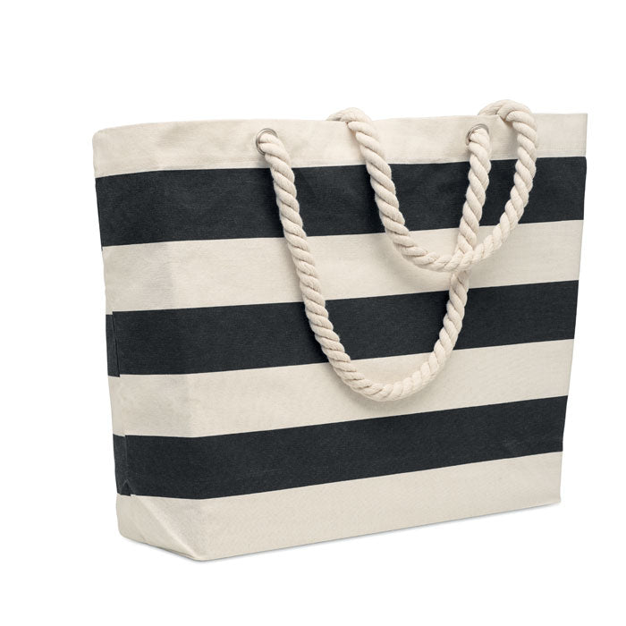 Premium Stripe Cotton Canvas Beach Bag in Black/Natural Cotton & Jute Bags Black and White London