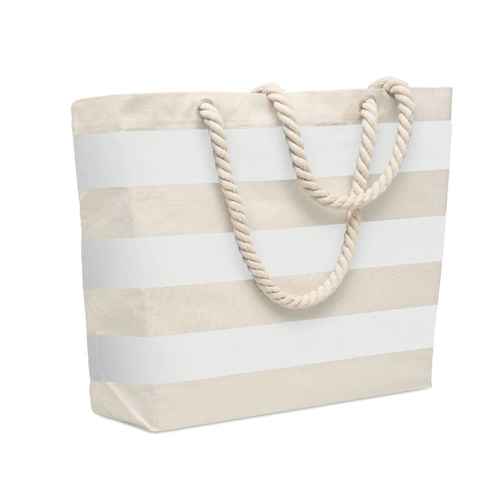 Premium Stripe Cotton Canvas Beach Bag in White/Natural Cotton & Jute Bags Black and White London