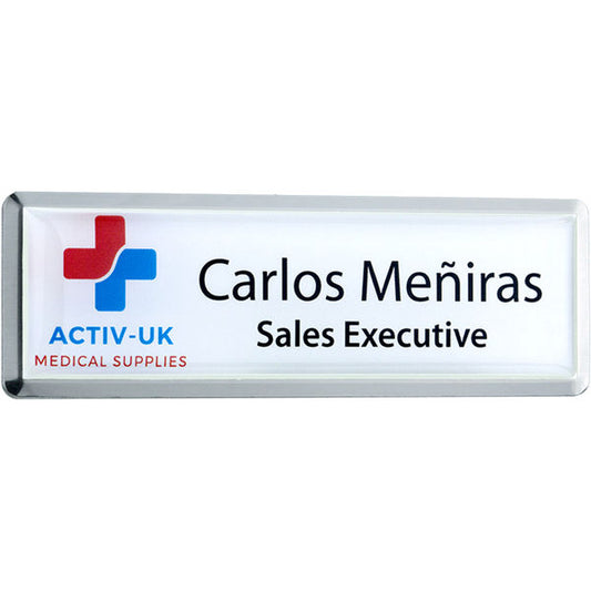 Personalised Domed Metal Name Badge Badges Black and White London