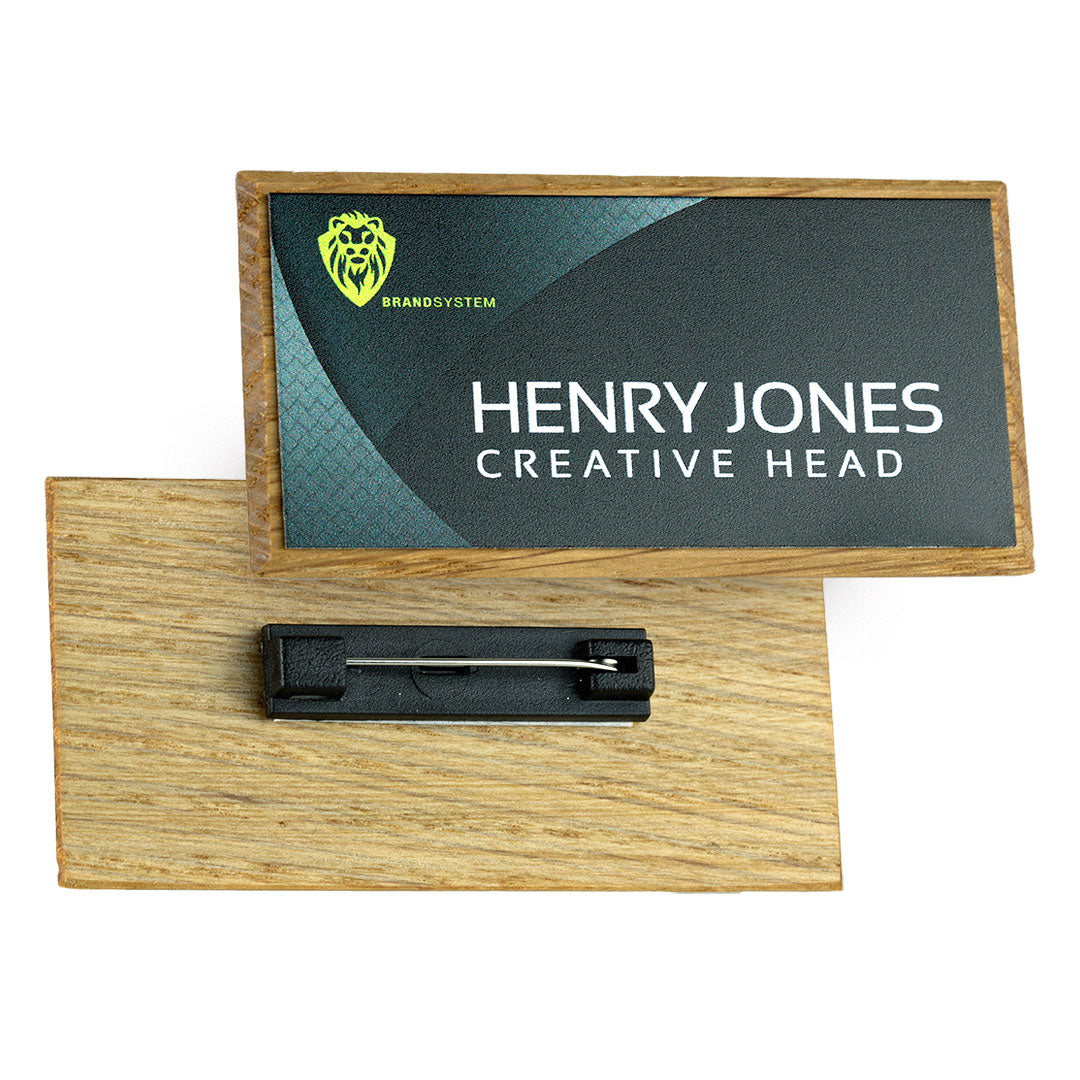 Real Oak Wood Framed Name Badges Badges Black and White London