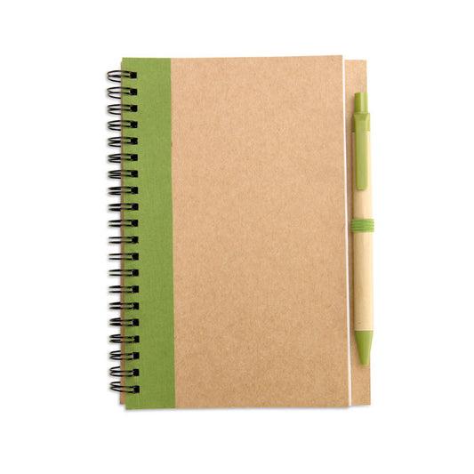 Recycled Paper A6 Notebook & Pen Set in Natural/Green
