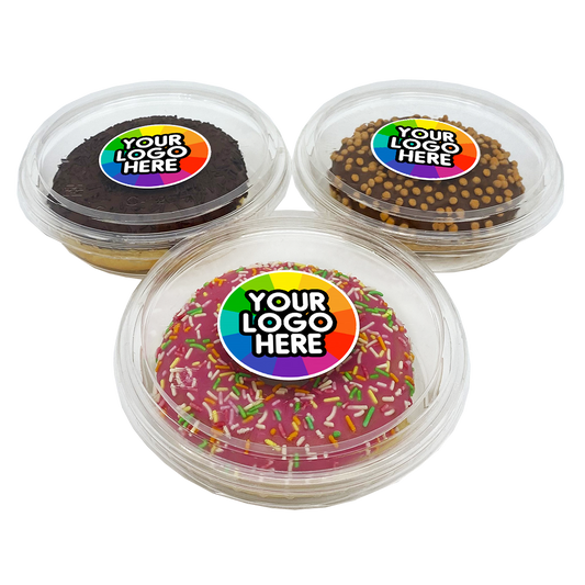 Printed Iced Logo Doughnuts in Individual Eco Tub  Black and White London