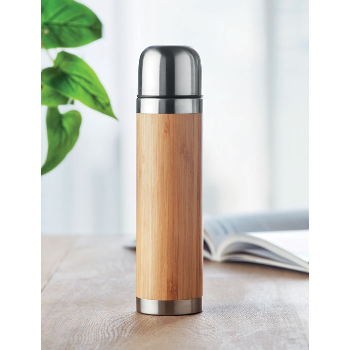 Double Wall Bamboo Cover Flask  Black and White London