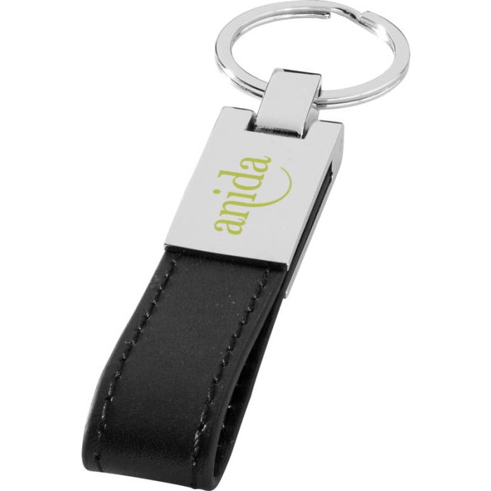 Leather Strap Metal Keyring  Black and White London