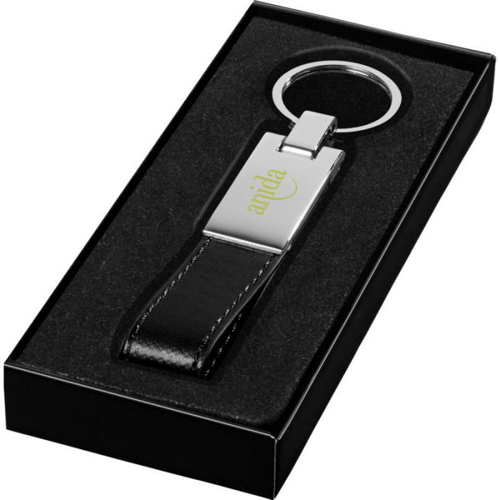 Leather Strap Metal Keyring  Black and White London